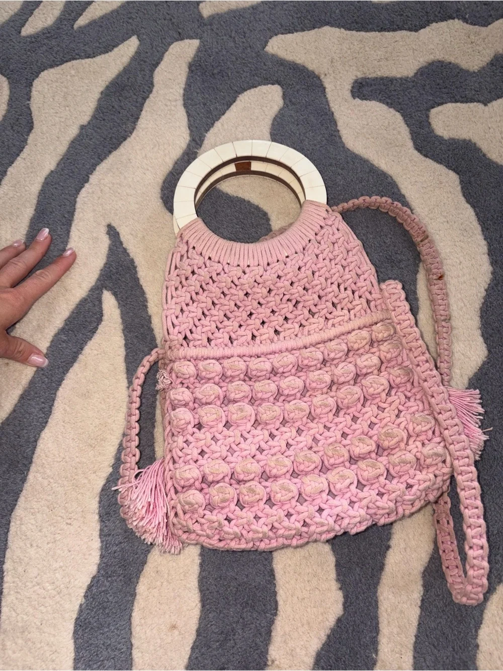 Cleobella Pink Woven Fringe Crossbody with Wooden Ring Handles
